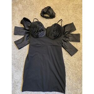 Black Rosette Bust Mini Dress Corset Bow Statement Party Dress S Headband